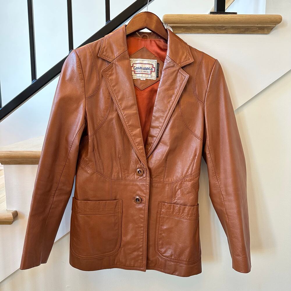 Vintage Casablanca Leather Jacket 70s Brown Western Retro Guys for Gals 7/8 S